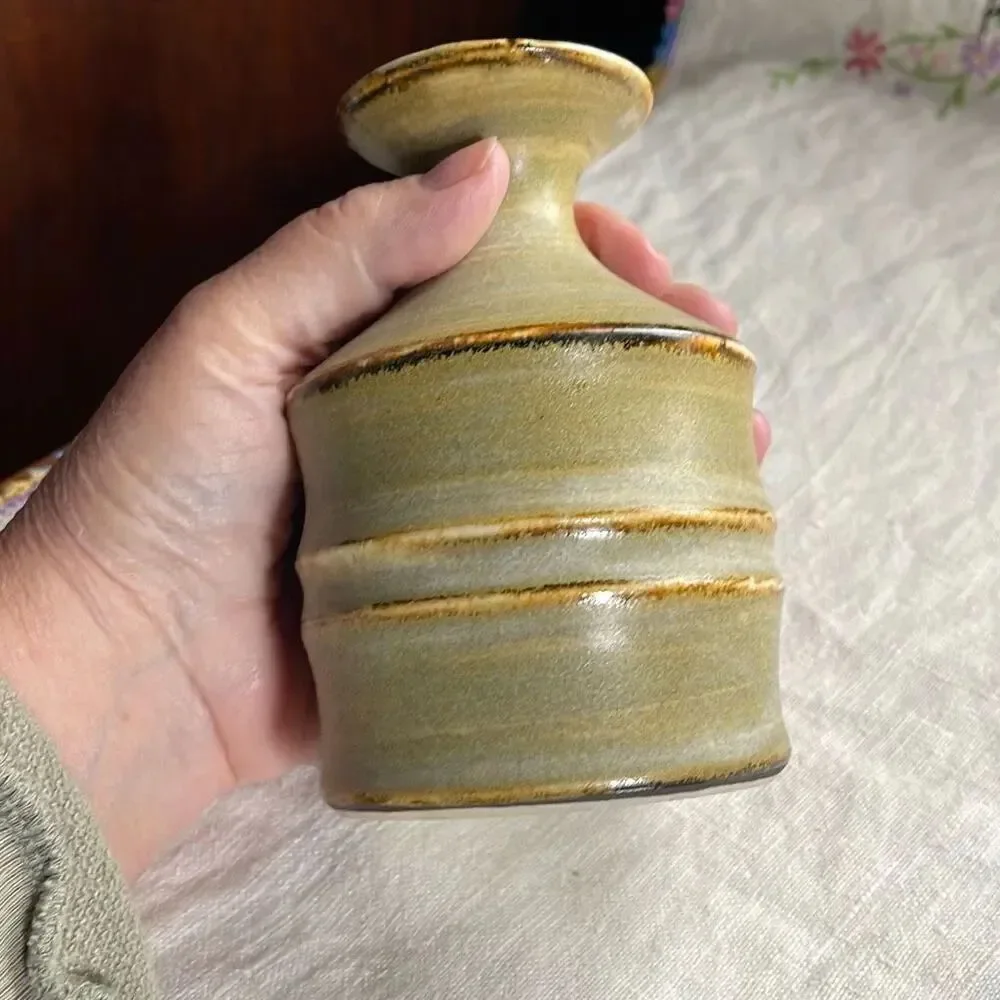 Vintage OMC Midcentury vase green and tan bamboo ceramic.